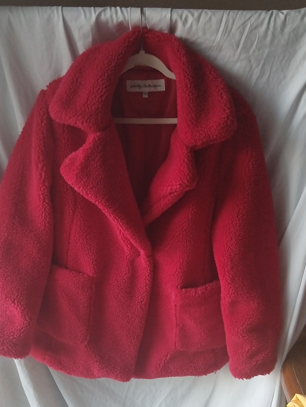 Fuzzy Wuzzy Red Teddy Faux-Shearling Jacket with Notched Collar